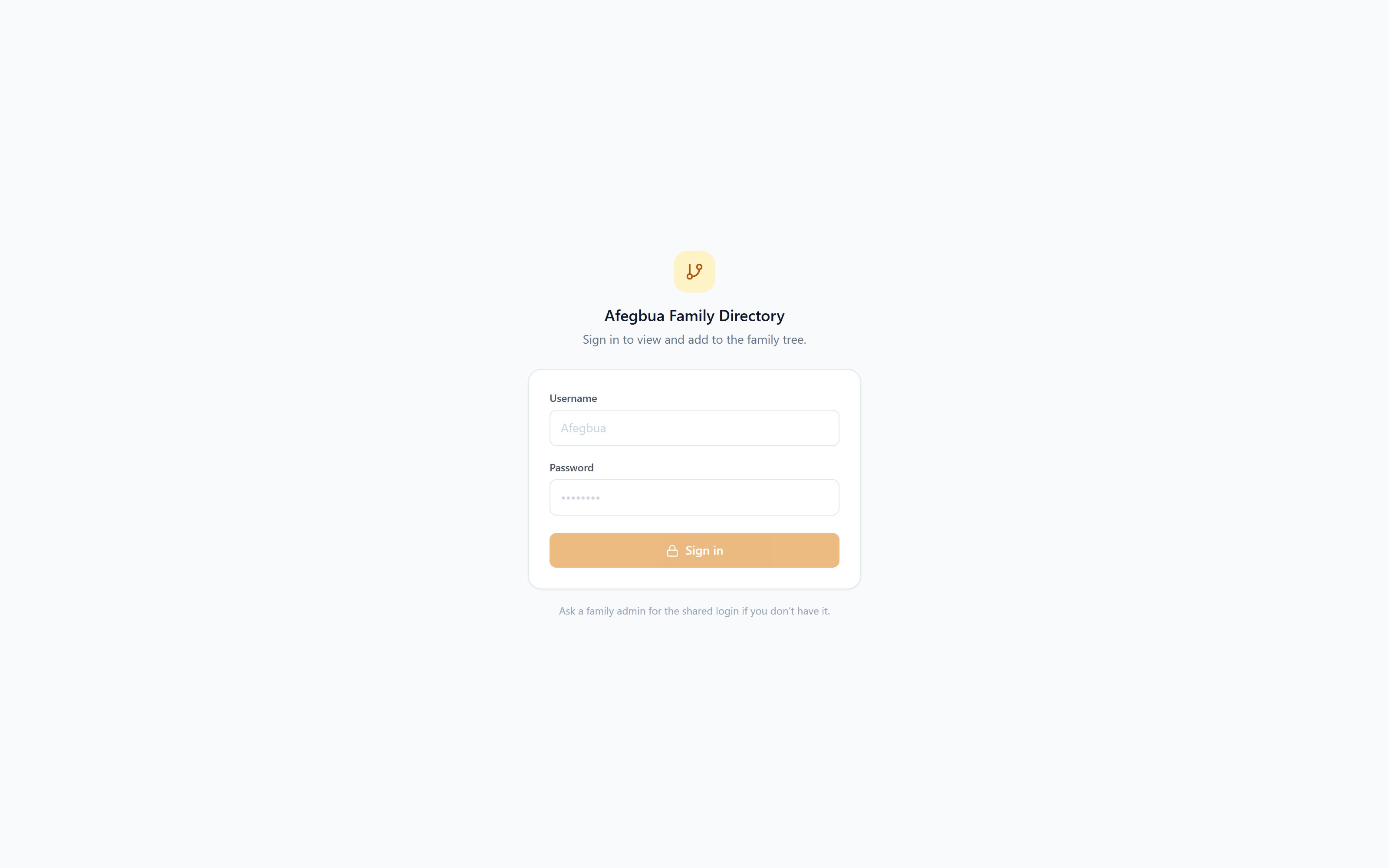 The Afegbua Family Directory sign-in screen